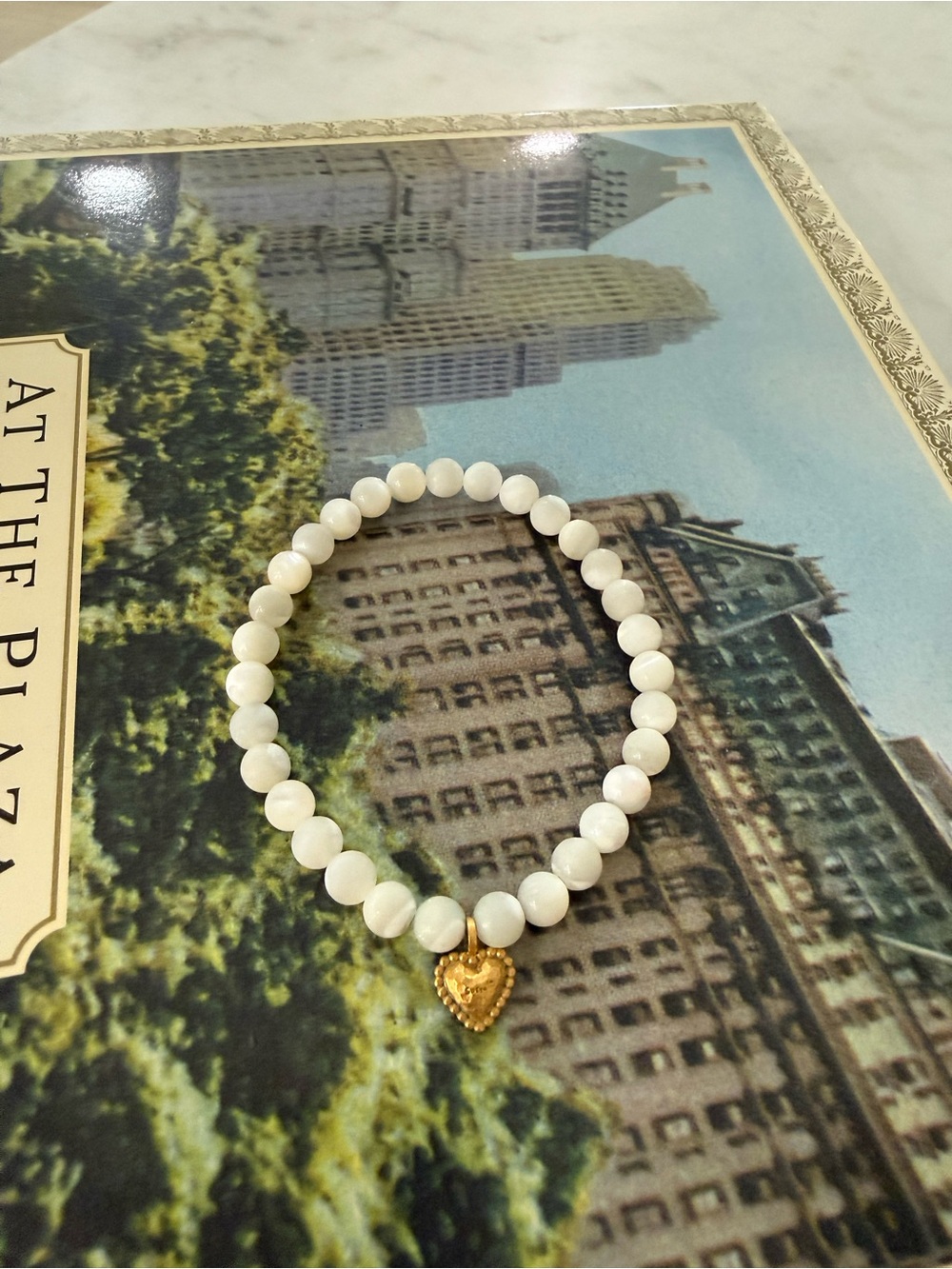 Sataya White Beaded Stretch Bracelet with 18k Gold plated Heart Charm